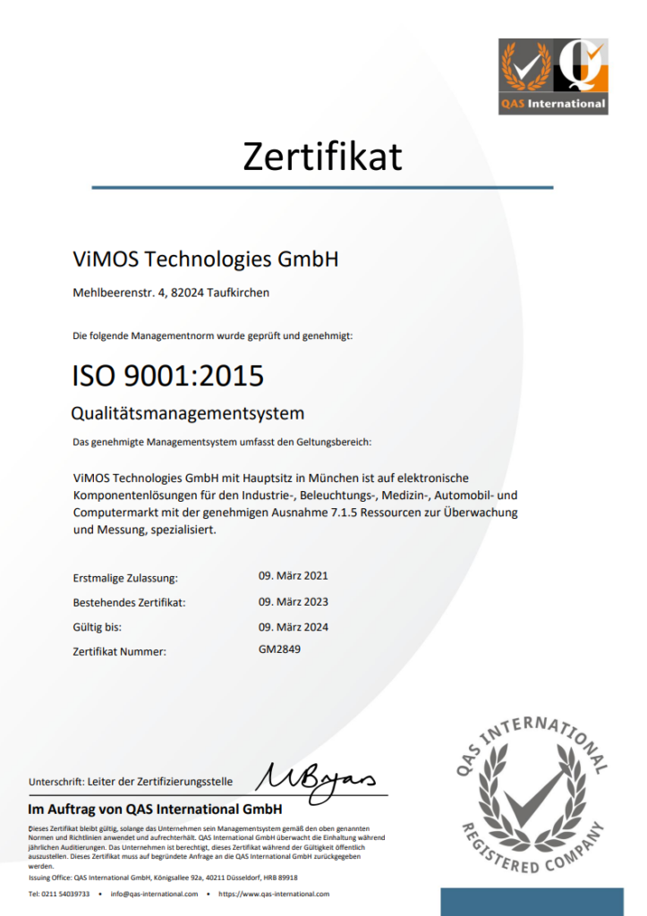 ViMOS Technologies ISO 9001:2015 Zertifikat